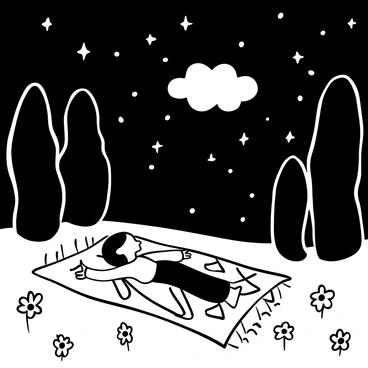 A girl lying on a patterned blanket in a backyard at night, surrounded by an array of small flowers. She is positioned with her arms stretched out beside her, gazing up at the night sky filled with stars. The silhouettes of tall trees frame the scene, and a few fireflies are visible around her. The blanket is adorned with various geometric shapes, adding texture to the composition. A soft, wispy cloud drifts across the sky above, creating an ethereal atmosphere.