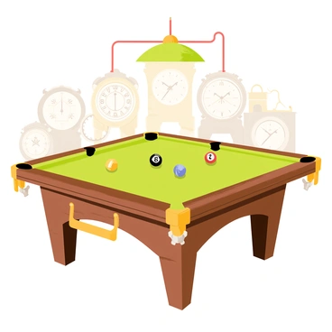 A steampunk-inspired billiard table with a polished wooden surface. The table features intricate brass fittings and visible gears integrated into the design. There are several vintage-style billiard balls, each with unique patterns and metallic accents. Above the table, a hanging light fixture made of copper pipes illuminates the scene. The background includes a collection of antique clocks with exposed gears and steam-powered gadgets, enhancing the steampunk atmosphere.