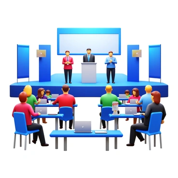 A tech conference with a stage featuring a podium. Several speakers are standing at the podium, presenting their topics. In the foreground, attendees are seated at tables, actively engaging in discussions. Some attendees have laptops open, while others are taking notes. The setting is brightly lit, and banners related to technology are displayed in the background.