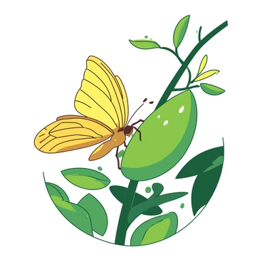 A yellow butterfly is emerging from its green chrysalis, which is attached to a slender branch. The butterfly's wings are slightly open, showcasing intricate patterns in various shades of yellow. Surrounding the chrysalis, there are delicate green leaves and soft sunlight filtering through the foliage, creating a lively atmosphere. The scene captures a moment of transformation, with soft shadows cast on the branch beneath the chrysalis.