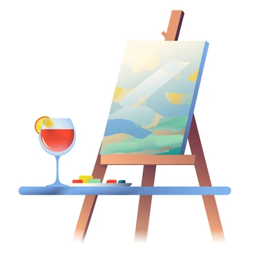 A glass of negroni is placed on a wooden table beside a painting easel. The glass is filled with a vibrant red liquid, garnished with a twist of orange peel resting on the rim. The easel displays a canvas with a partially completed painting featuring soft brushstrokes in varying shades of blue and gold. Nearby, a palette is scattered with bright colors including yellow, red, and green, along with a few brushes of different sizes resting on the table. The scene is well lit, highlighting the rich textures of the canvas and the glass.