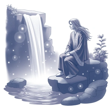 A figure resembling "Merlin" is seated on a rock by a waterfall, which cascades down in a powerful flow. The surrounding area is filled with lush foliage and mystical plants. Glowing lights emerge from the water, creating a shimmering effect as they dance across the surface. The figure is adorned in a robe with intricate patterns, and his long hair flows gently in the breeze. The atmosphere is tranquil, with small misty droplets rising from the waterfall, enhancing the magical ambiance.