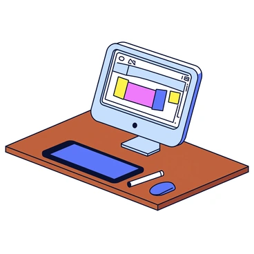 A graphic tablet lying flat on a wooden desk. The tablet is black with a smooth surface, showing a stylus placed beside it. Next to the tablet is a sleek, modern computer monitor displaying the "Adobe" software interface. The screen features a colorful digital canvas with various design tools along the edges. A keyboard and a mouse are positioned in front of the monitor, completing the workspace setup.