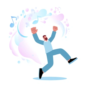 A stickman is dancing energetically, with arms raised and legs in motion. The stickman is surrounded by an array of colorful music notes floating in the air. In the background, there are vibrant shapes and patterns suggesting a lively party atmosphere. The colors of the scene are gradient pastel hues, creating a cheerful and inviting mood. There are additional abstract shapes that enhance the festive environment around the stickman.