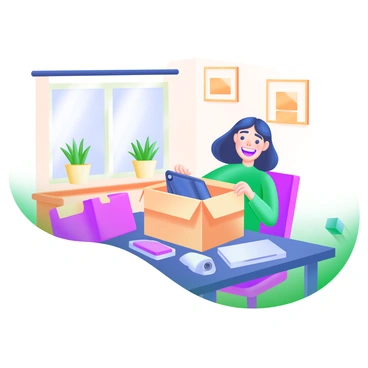 A modern pastel illustration depicting a person sitting at a dining table, excitedly unboxing a new gadget. The individual has a wide smile on their face, surrounded by colorful packaging and accessories scattered around the table. The gadget is partially revealed, showcasing sleek design elements. Bright, cheerful decor fills the background, including houseplants on a windowsill and a wall with framed photographs. The scene conveys a sense of joy and anticipation.