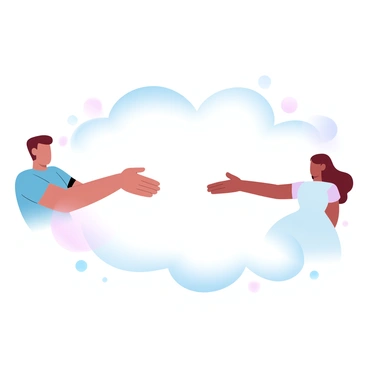 A fluffy cloud is positioned in the center of the image, creating a barrier between two individuals. On the left, a person in a light blue shirt is reaching out towards the other person on the right, who is wearing a pastel-colored dress. The two people are stretching their arms towards each other, but the cloud obscures their connection. Soft gradient pastel colors fill the background, enhancing the dreamy atmosphere. The cloud is billowy and light, with a subtle shimmer, emphasizing its fluffy texture.