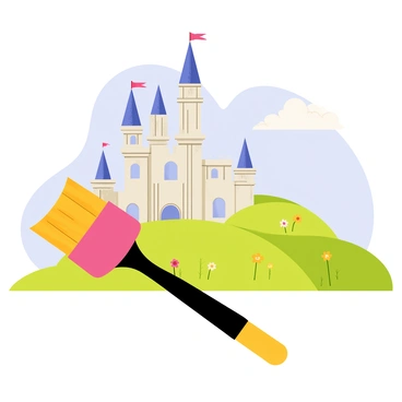 A large, colorful brush with bristles dipped in paint is positioned in front of a towering "fairytale castle" with multiple spires and flags fluttering at the top. The castle has intricate stonework and windows that sparkle. In the background, there are "rolling hills" painted in various shades of green, dotted with patches of wildflowers in bright colors. The sky above is a clear blue with a few fluffy white clouds, adding contrast to the scene.
