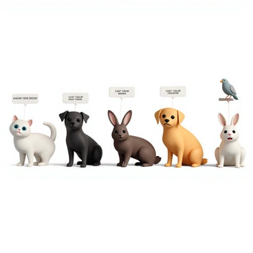 A lineup of five pets positioned side by side, showcasing various inherited traits. The first pet is a fluffy white cat with bright blue eyes. The label above it reads "Coat Color: White." Next to the cat is a sleek black dog, standing proudly, with the label "Coat Color: Black." To the right of the dog is a brown rabbit with long ears and a label that says "Coat Color: Brown." Following the rabbit is a golden retriever, tail wagging, next to the label "Coat Color: Golden." Finally, a gray parakeet perched on a small branch, with the label "Coat Color: Gray," completes the lineup. Each pet is displayed in a lively pose, and the labels are clearly visible above them.
