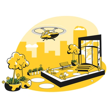 A flying taxi landing in a rooftop garden surrounded by city views