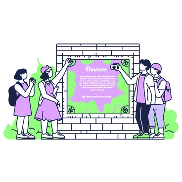 A heritage plaque is mounted on a stone wall, displaying information about a historical site. The plaque has intricate designs along its edges, featuring symbols representative of the site's history. Across from the plaque, a group of three tourists is gathered, taking photos. One tourist holds a camera up to capture the plaque, while another points at it, discussing its significance. The third tourist stands slightly behind, admiring the scenery in the background. Lush greenery and historical architecture are visible surrounding the plaque, creating a vibrant atmosphere.