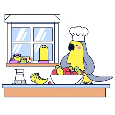 A cockatiel with grey and yellow feathers is wearing a small white chef's hat. It stands on a wooden kitchen counter, carefully mixing a bowl of chopped fruits, including strawberries, bananas, and kiwi. The tiny kitchen is filled with miniature appliances, such as a small blender and a set of colorful bowls. Sunlight is streaming in through a window, illuminating the scene and highlighting the vibrant colors of the fruits. A few pieces of fruit are scattered on the counter, adding to the lively kitchen atmosphere.