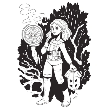 A determined heroine stands confidently with her head held high, gripping a glowing mystical compass in her right hand. The compass emits a soft light, illuminating her focused expression as she gazes ahead, ready for adventure. She wears a rugged outfit with various pockets and tools, suggesting a readiness for exploration. Her long hair flows behind her, caught in a slight breeze, while her left hand rests on her hip, suggesting strength and resolve. The background features hints of a dense, enchanted forest with twisted trees and glowing flora.