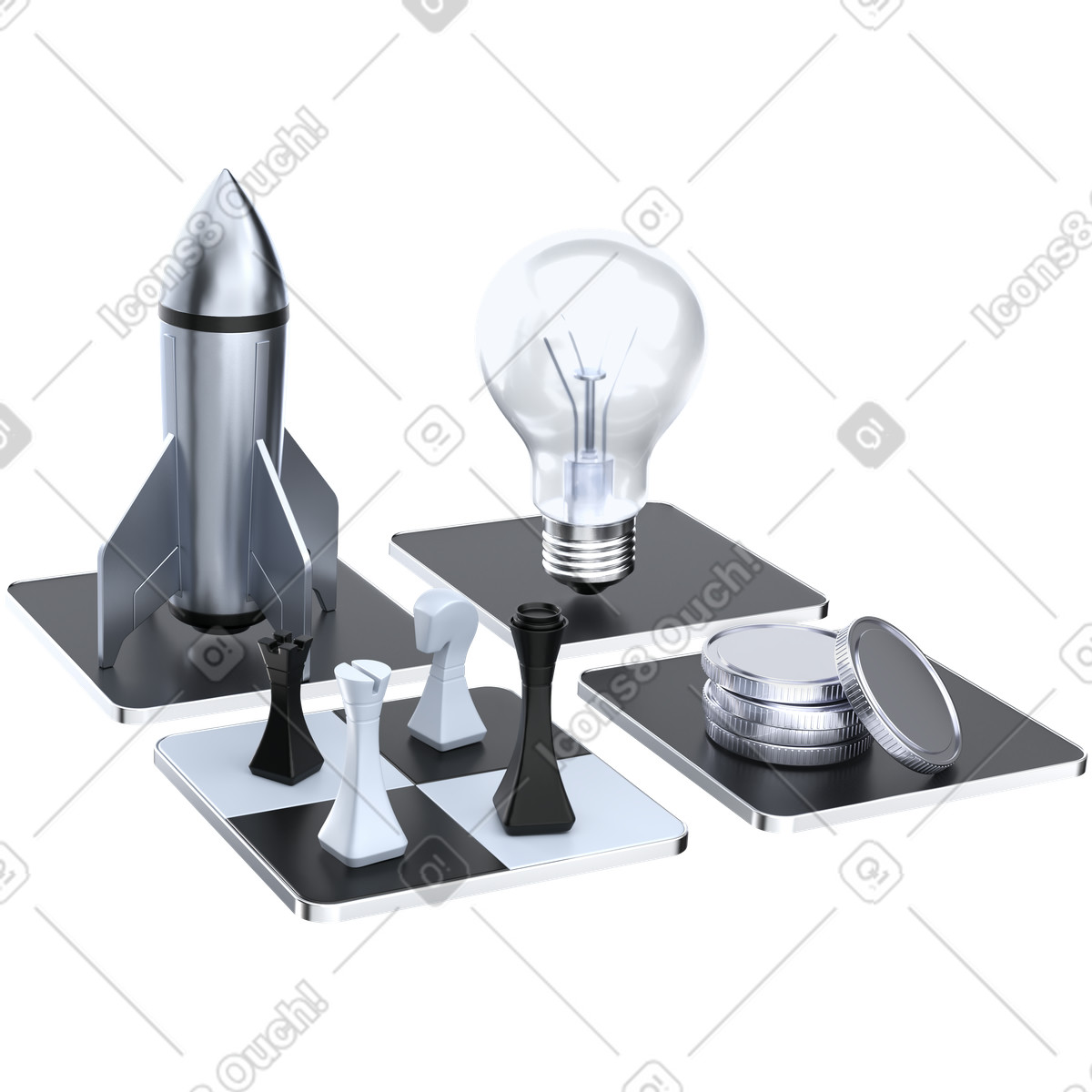 Business strategy planning with chess pieces rocket and coins illustrazione in stile 3D Pro scarica in PNG, SVG