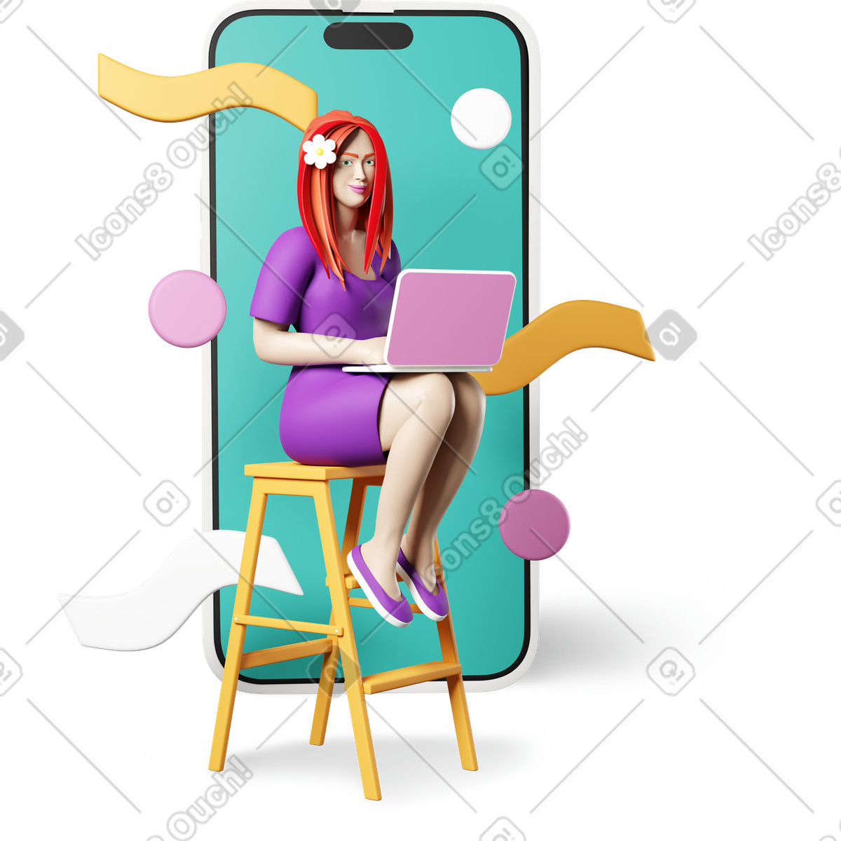Donna seduta con computer portatile e grande telefono illustrazione in stile 3D Plastic people scarica in PNG, SVG