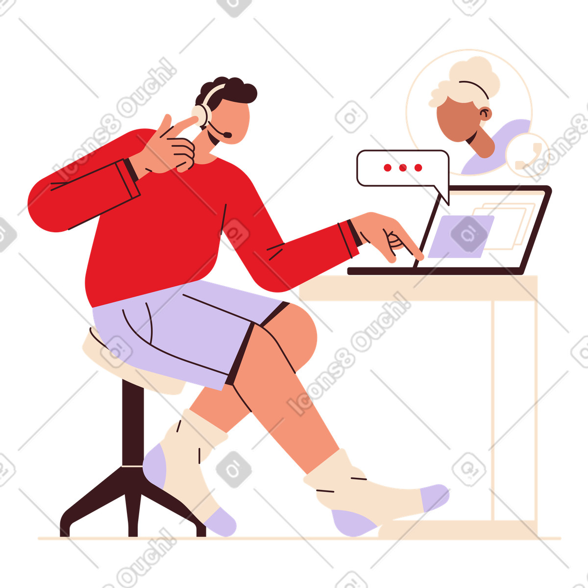 Support agent with headset at laptop, Online customer service assistance-Illustration im Folks-Stil als Download in PNG, SVG