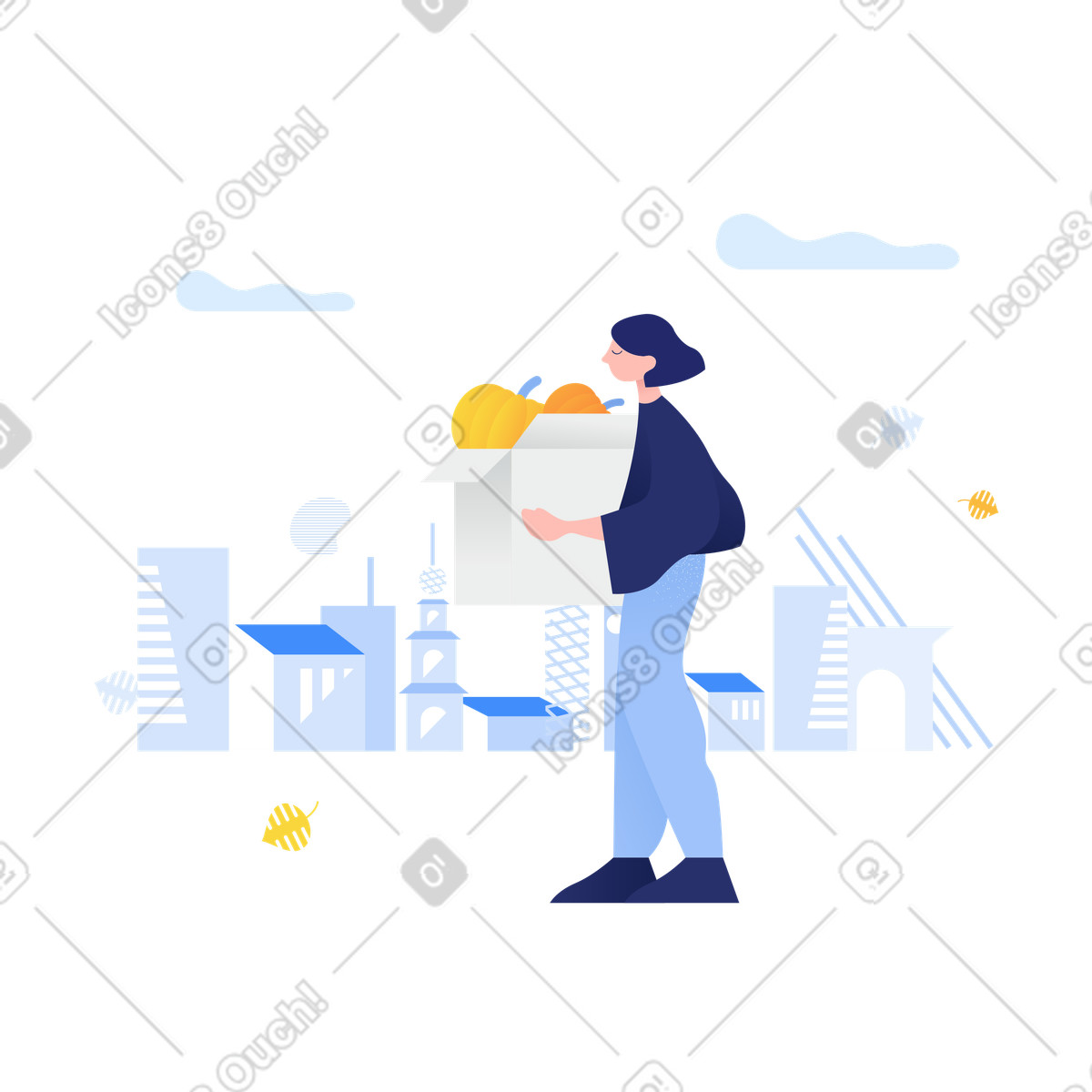 Illustration Femme transportant des citrouilles dans un sac de courses le style Clip à télécharger aux formats PNG, SVG