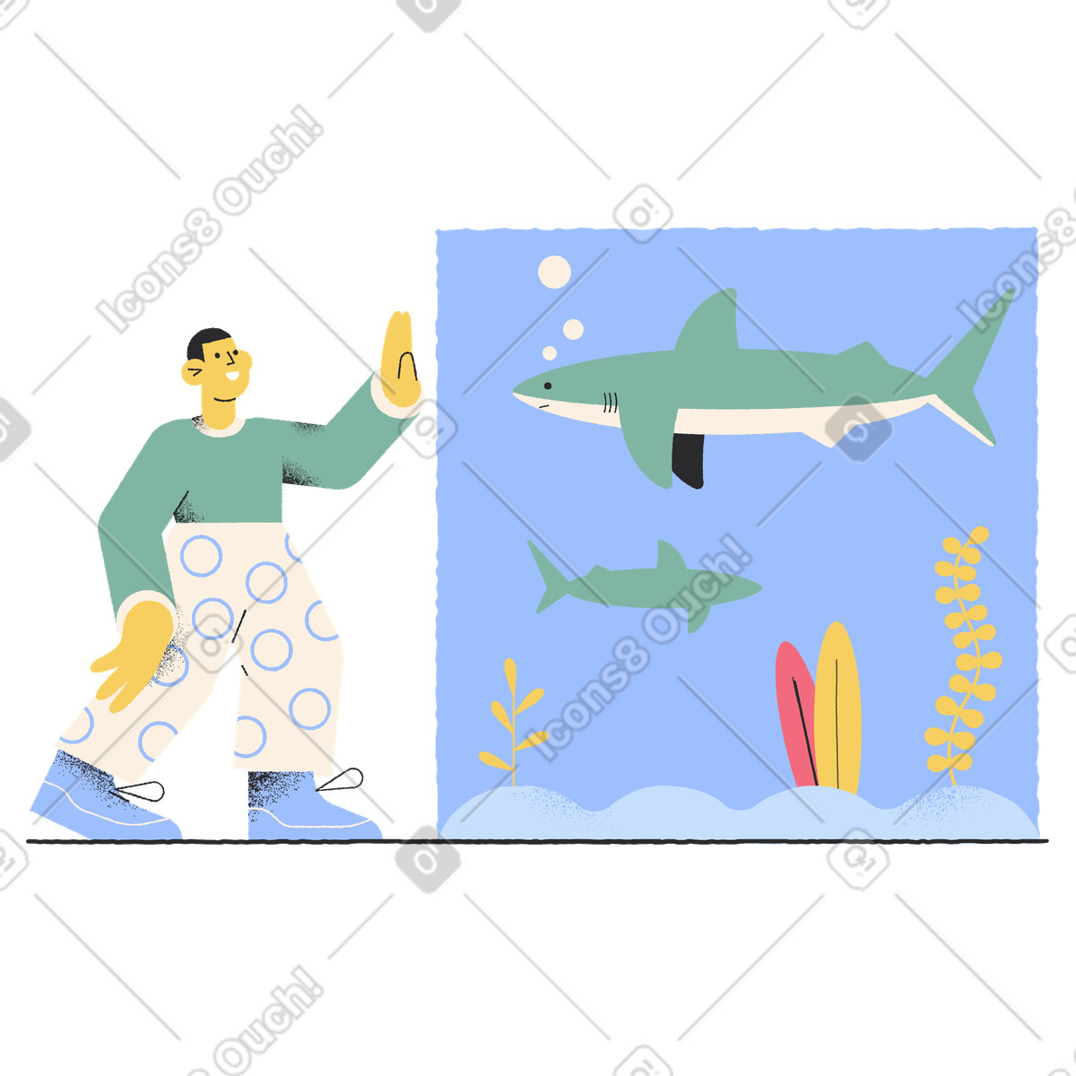 Illustration Homme regardant des requins dans un aquarium le style Pablo à télécharger aux formats PNG, SVG