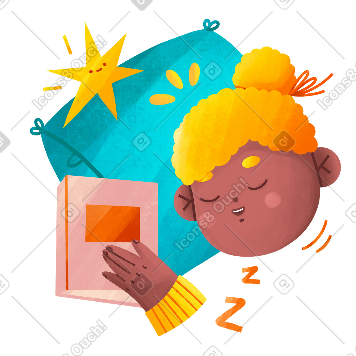 Bonbon スタイルの 子供は彼の手で本を持って枕で寝る のイラストをPNG、SVG形式でダウンロード