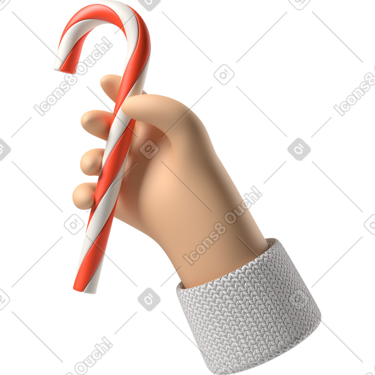 White skin hand holding a Christmas candy cane illustration in 3D Hands Fun&Wild style download in PNG, SVG