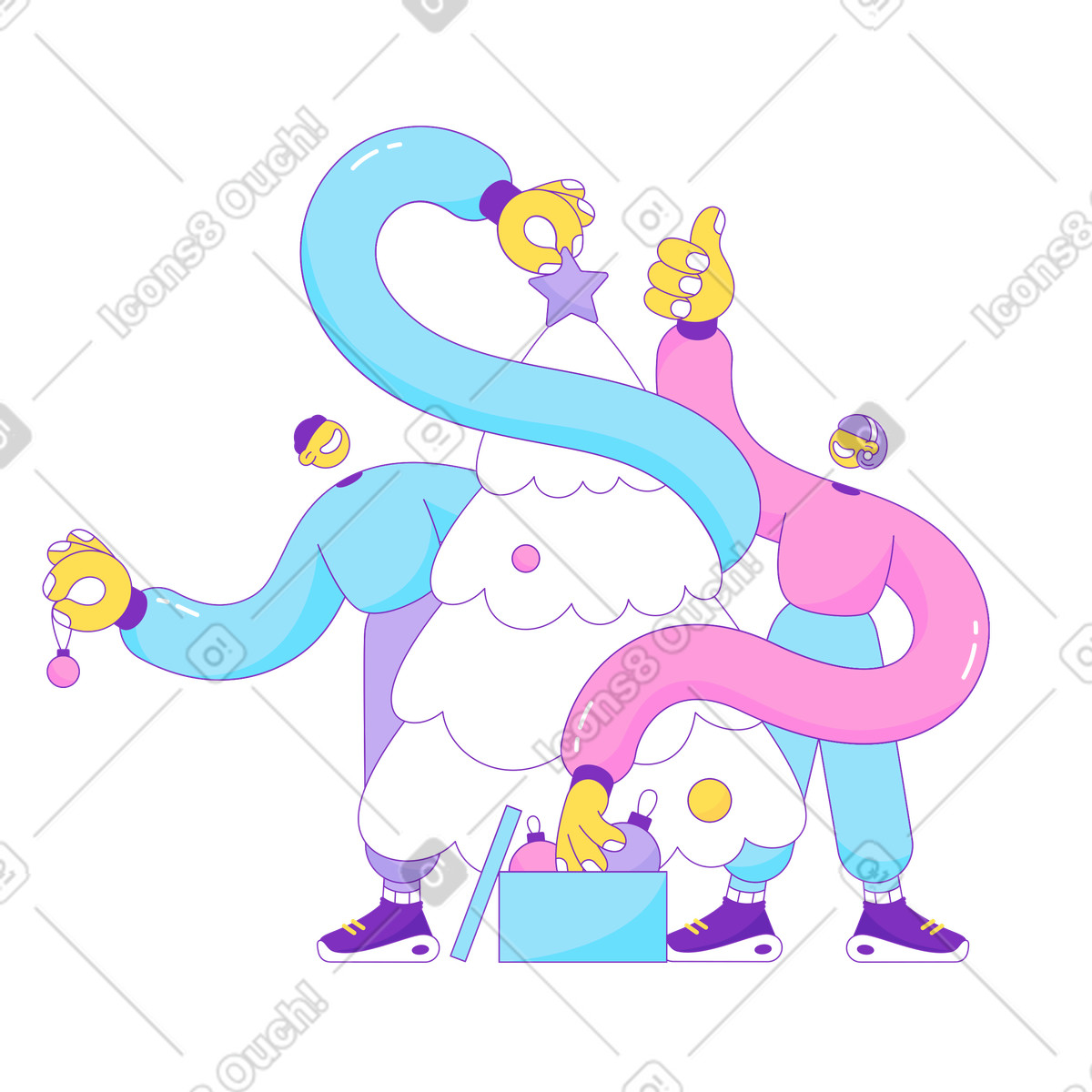 Ragazza e ragazzo che decorano l'albero di natale illustrazione in stile Elastic scarica in PNG, SVG