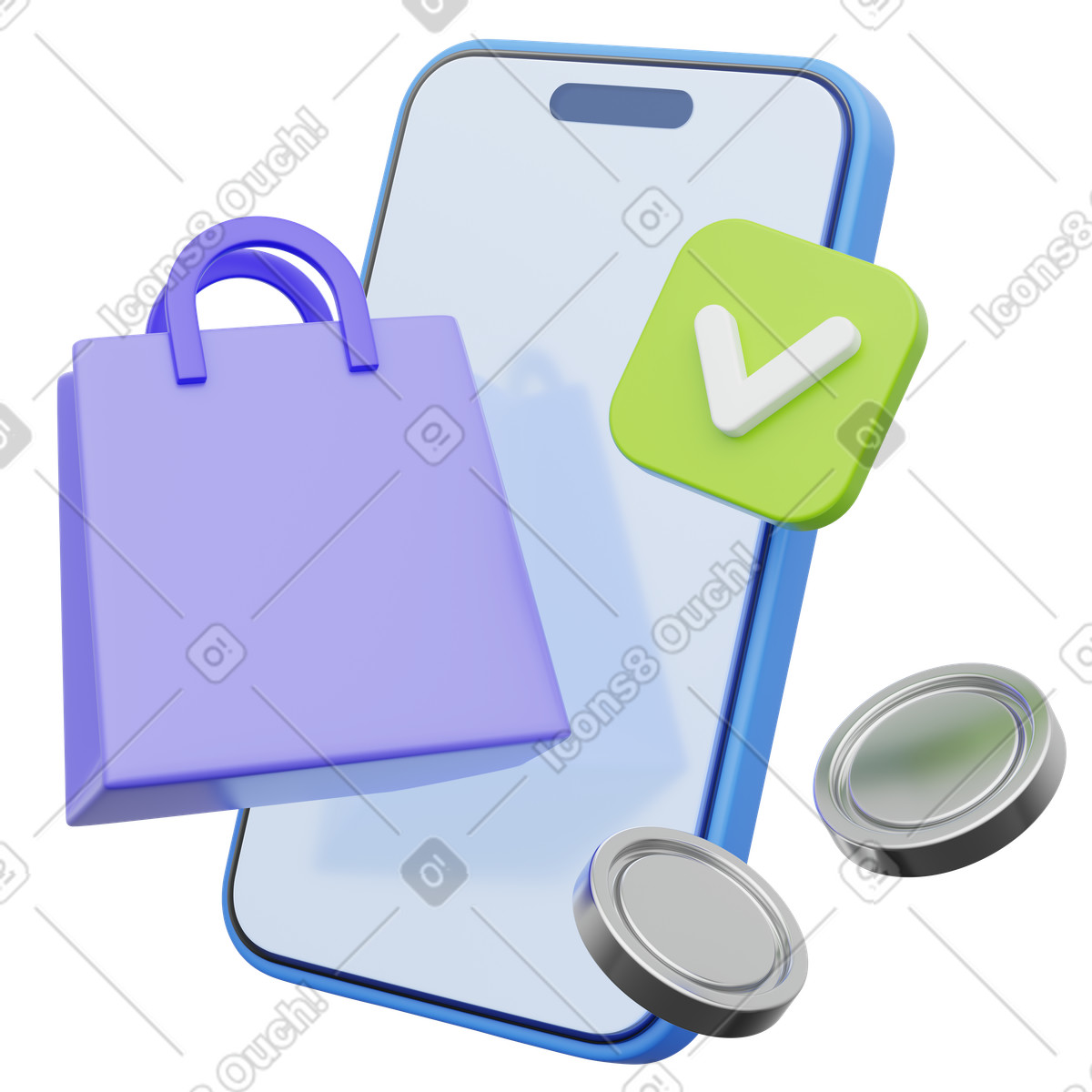 Mobile shopping success, Phone with bags and checkmark coin, Verified purchase illustration in 3D Playful style download in PNG, SVG