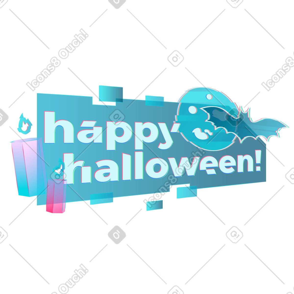 Иллюстрация Futuristic Happy Halloween sign with moon, bat and candles в стиле Neon — скачать в форматах PNG, SVG