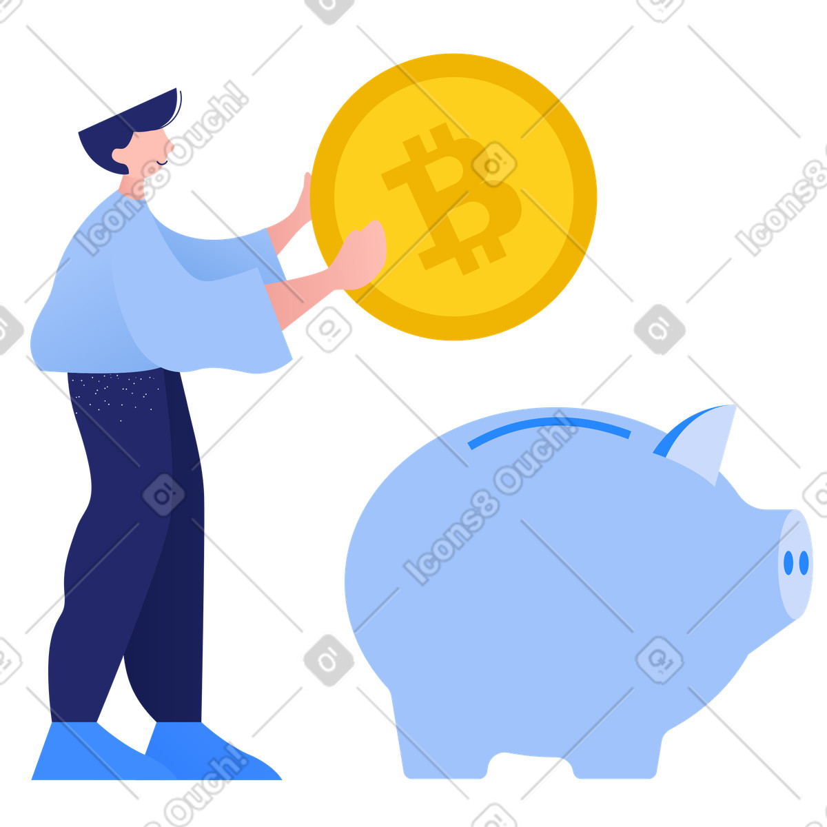 Ilustração de Homem salvando bitcoin no cofrinho em estilo Clip para baixar em PNG, SVG