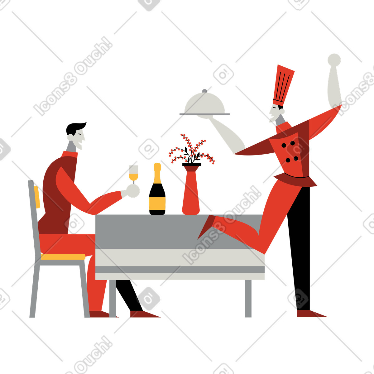 Chef serving meal to guest at table, Restaurant customer service illustration in Burgundy style download in PNG, SVG