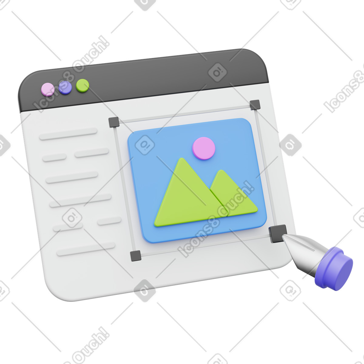 Photo editing interface with crop handles and digital pen tool cursor-Illustration im 3D Playful-Stil als Download in PNG, SVG