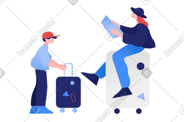 Woman with a map sitting on a suitcase next to a child PNG, SVG