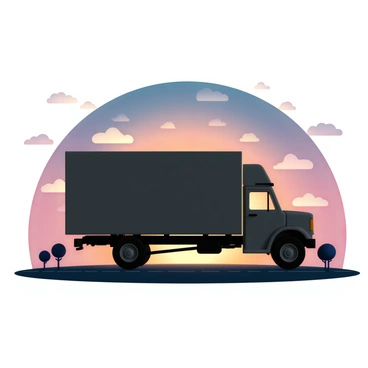 A large moving truck, with a boxy shape and two distinct rear windows, is parked on a road. The truck's silhouette is sharply defined against a vibrant sunset sky filled with hues of orange, pink, and purple. The foreground features silhouettes of a few sparse trees, enhancing the contrast against the colorful backdrop. The sky is gradually blending from deep blue at the top to bright orange near the horizon, while wispy clouds catch the sunset's colors, creating a dynamic and visually striking scene.