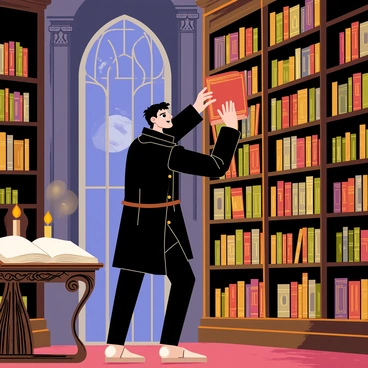 A thief dressed in dark clothing is quietly reaching for an ancient book on a tall, ornate wooden shelf in a grand library. The library has high ceilings with large, arched windows allowing moonlight to filter in, illuminating the rows of books. Dust motes dance in the beams of light. The shelves are filled with various old books, their spines decorated with intricate designs. The thief's expression is focused and cautious as they glance over their shoulder, ensuring no one sees them. A large, elaborately carved table stands nearby, covered with an open book and a flickering candle.