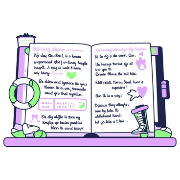 A journal lies open on a table, displaying handwritten entries. The pages are filled with notes documenting the patient's journey through knee replacement surgery. The first entry describes the day of the surgery, detailing the patient's emotions and the hospital environment, with a green and purple illustration of medical equipment nearby. Subsequent entries reflect on the days following the surgery, noting physical therapy sessions and exercises, with visual elements showing a calendar marking progress. A green and purple depiction of a knee brace rests beside the journal, symbolizing recovery. The final entries highlight milestones, such as the patient walking unaided, with sketches of supportive family members and friends encouraging them along the way.