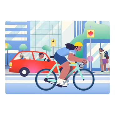 A cyclist narrowly avoids a passing car while riding on a busy city street.