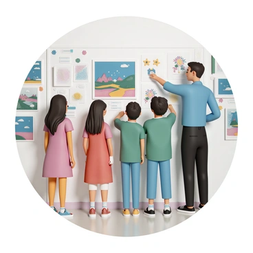 A male teacher, wearing a blue button-up shirt and black trousers, stands in front of a display board showcasing colorful student artwork. The board features various pieces, including paintings and drawings with vibrant colors and imaginative themes. The teacher points to a large painting of a landscape, explaining it to a small group of attentive students. The students are diverse in appearance, with one girl wearing a red dress and another boy in a green t-shirt, both looking excited as they discuss the artwork. The exhibition is set in a brightly lit school hallway, decorated with additional student creations.