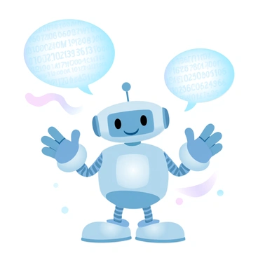A friendly robot with a sleek metallic body is standing upright, holding its hands in a welcoming gesture. The robot has round features, with soft edges and a shiny surface that reflects light. Above the robot, there are two speech bubbles filled with intricate patterns of digital code, showcasing a mix of numbers and symbols. The background is filled with gradient pastel colors, enhancing the futuristic theme of the scene.