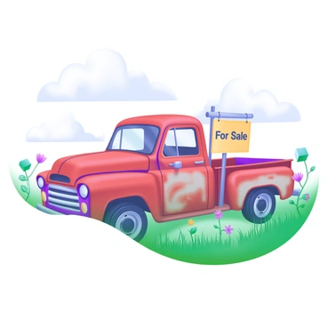 A rusty, old truck parked in a grassy field. The truck has a weathered, faded red paint job, with visible rust spots and a dented side. A bright yellow 'For Sale' sign is prominently attached to the windshield, fluttering slightly in the breeze. Surrounding the truck, wildflowers of various colors grow among the tall grass, adding a touch of vibrancy to the scene. The sky above is clear with a few fluffy white clouds scattered across it. The sunlight casts soft shadows, highlighting the truck's rugged details and the lush greenery.