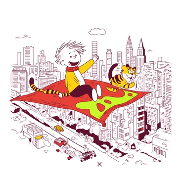 Calvin and Hobbes are sitting on a vibrant magic carpet, soaring high above a sprawling cityscape filled with various tall buildings and bustling streets below. The carpet is adorned with intricate patterns, fluttering in the wind. Calvin is smiling broadly, his hair wild from the gusts of wind, while Hobbes, the tiger, looks excited and playful, with his paws stretched out a little as if ready to embrace the adventure. Below them, the city is alive with tiny cars moving along the roads and people walking on the sidewalks, all appearing small from their high vantage point.