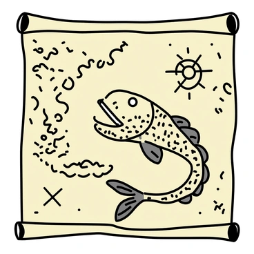 An old treasure map, featuring parchment with weathered edges and faded markings. In the center, there is an illustration of a coelacanth depicted as a sea monster with intricate scales and a large, open mouth. Surrounding the coelacanth are swirling waves and compass roses, indicating directions. The map includes symbols for land, islands, and an "X" marking the treasure's location, with subtle ink stains and aged textures enhancing its antique appearance.