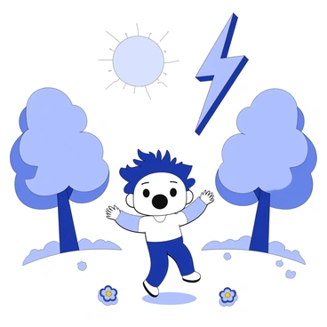 A cartoon character stands in a park, surrounded by exaggeratedly large trees and a bright, cartoonish sun in the sky. The character has wide eyes and an open mouth, illustrating surprise as a cartoon lightning bolt strikes down from above. The lightning bolt is jagged and bold, capturing the humorous moment of the zap. The character's hair is frizzing out in different directions from the electric shock, and their limbs are comically contorted, emphasizing the exaggerated reaction. The ground is dotted with cartoon flowers that sway slightly from the force of the lightning strike.