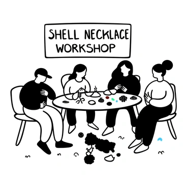 A craft table set up on the beach with several chairs around it. People are gathered at the table, working diligently on creating shell necklaces. Some individuals are stringing shells together with twine, while others are sorting through a variety of shells laid out on the table. There are small tools like scissors and pliers scattered on the table, along with colorful beads. The beach has sand beneath the table, and there are gentle waves in the background, hinting at the ocean’s presence nearby. "Shell Necklace Workshop" is displayed prominently on a sign above the table.