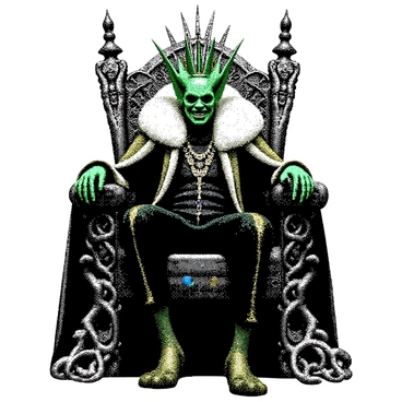 A regal goblin king with green skin and pointed ears is sitting confidently on a throne made of twisted roots and adorned with sparkling gemstones. He wears a lavish robe that drapes elegantly around him, featuring intricate patterns and textures. His facial expression is one of authority, with sharp features and a cunning grin. The throne is surrounded by a forest scene, with detailed roots intertwining at the base, and glimmers of light reflecting off the gemstones embedded in the throne.