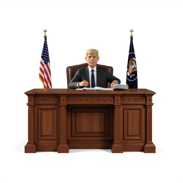 A president with short hair and a formal suit is sitting at a large, ornate wooden desk, which has intricate carvings and a polished surface. The president is holding a pen and is poised to sign an executive order on a stack of documents in front of them. In the background, there are two flags on either side of the desk, one being the national flag and the other a presidential flag. The room is well-lit, showcasing the grandeur of the setting with elegant furnishings and decorative elements.