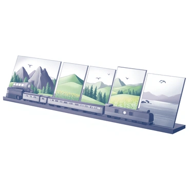 A long board displays a continuous scene depicting a train journey through various landscapes. The train is illustrated on tracks that wind through a series of distinct environments. On the left side, a mountainous region features rugged peaks and tall evergreen trees. As the board progresses to the center, a lush green valley opens up with rolling hills and a meandering river. Further along, the landscape transitions into a vibrant field filled with wheat and wildflowers. Finally, the right side illustrates a coastal area with waves gently lapping against rocks, and seagulls soaring in the sky. Each landscape is detailed, showcasing the diversity of scenery encountered on the journey.