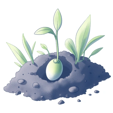 A tiny mustard seed placed in rich, dark soil within a garden bed. The seed is just beginning to sprout, with a small green shoot emerging from its top. Surrounding the seed are bits of earth and small pebbles, detailing the texture of the soil. In the background, there are leafy green plants starting to grow, creating a sense of a nurturing garden environment. Sunlight casts soft shadows, highlighting the delicate nature of the sprout.