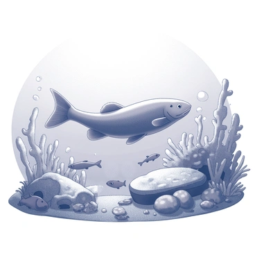 An underwater scene depicting a natural habitat. A coelacanth is swimming gracefully among diverse coral formations. Various species of fish are scattered throughout the environment, some hiding within the coral. Seaweed sways with the currents, providing a sense of movement. Bubbles rise towards the surface, creating a dynamic atmosphere. Sunlight filters through the water, casting soft shadows across the ocean floor.