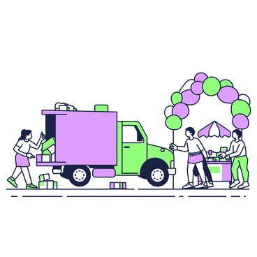 A delivery truck is parked at a street festival, causing a commotion among the crowd. The truck has its rear doors open, revealing packages spilling out onto the street. Nearby, several festival-goers are looking surprised, with some pointing at the truck. A vendor's stand displaying colorful items is partially visible to the right, while a balloon archway in green and purple frames the scene in the background. A few people are rushing towards the truck to assist, while others are pulling out their phones to capture the moment.