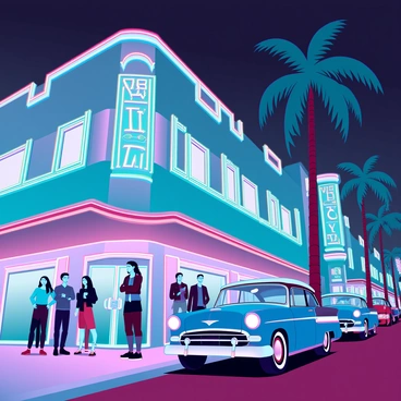 A bustling Miami street at night, filled with bright neon lights casting vibrant colors on the surroundings. The iconic Art Deco architecture features pastel hues with geometric patterns and ornate details. People of diverse backgrounds and styles stroll along the sidewalk, some stopping to admire the lively atmosphere. Classic cars from the 1950s are parked along the curb, reflecting the glow of the neon signs. Palm trees line the street, swaying gently in the warm evening breeze. The night sky is clear, adding to the energetic vibe of the scene.