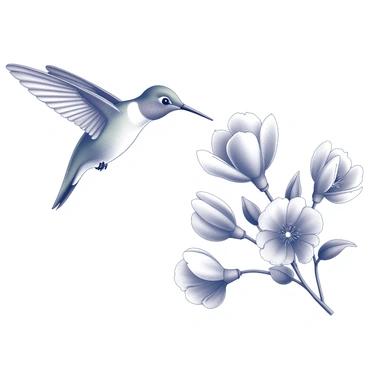 A hummingbird in flight, its wings a blur, is suspended in mid-air near a cluster of flannel flowers. The bird has a streamlined body and a long, slender beak, perfectly adapted for feeding. The flannel flowers are characterized by their soft, velvety petals, with a delicate texture that draws attention. The flowers are clustered together, showcasing their unique shape and intricate details, while the hummingbird is focused intently on one flower, ready to sip nectar. The background is minimal, emphasizing the interaction between the hummingbird and the vibrant flowers.