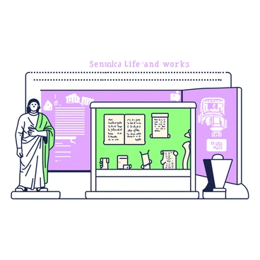 An exhibit in a museum dedicated to "Seneca's life and works" is arranged in a spacious room. In the center, there is a large display case containing ancient scrolls and manuscripts attributed to Seneca, with inscriptions visible on the worn pages. To the left, a life-sized statue of Seneca is positioned, showcasing him in a contemplative pose, draped in a flowing robe. On the walls, there are informative plaques detailing key events from his life, accompanied by purple illustrations of Roman architecture. A timeline stretches across the back wall, featuring key milestones in his writings. Soft lighting highlights these elements, creating an engaging atmosphere for visitors to explore.